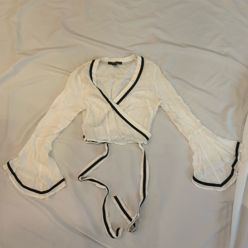 Forever 21 White Wrap Blouse with Black Trim